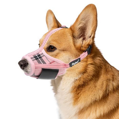 PUPTECK Dog Muzzle, Soft Adjustable Loop Reflective Pets Muzzle Prevent Biting Barking Chewing, Breathable Muzzle with Air Mesh Dog Mouth Guard Drinkable for Large Medium Small Sized, Pink Plaid M - color: Pink, size: M (Snout Cir: 5.5"-7.87")