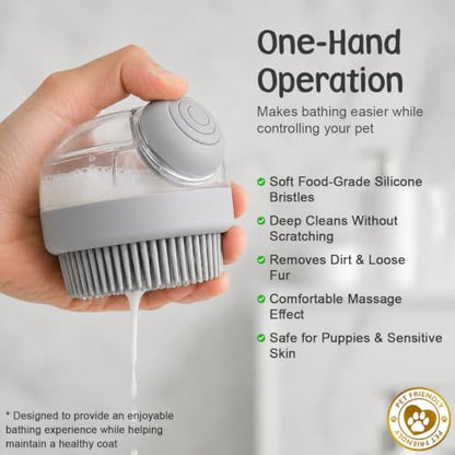 Dog Bath Brush with Shampoo Dispenser | Silicone Pet Grooming Scrubber for Dogs Cats and Puppies | Rubber Curry Tool for Bathing Deshedding and Massage | Easy Grip One Handed Design - color: Gray