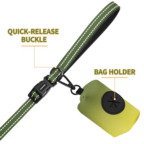 Kazazoo Hands-Free Dog Leash with Poop Bag Holder, Adjustable 4-7 Ft Waist for Dog Walking, Running for Small Dogs with Reflective Strips, Nylon Waist Belt, Green - color: Green