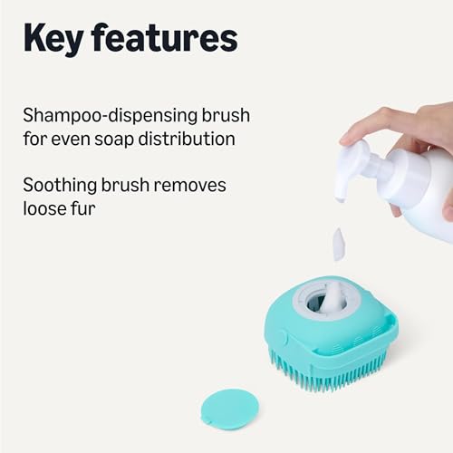 Amazon Basics Dog Bath Brush with Shampoo Dispenser and Fast Dry Towel, Blue and Orange, 3-Pack