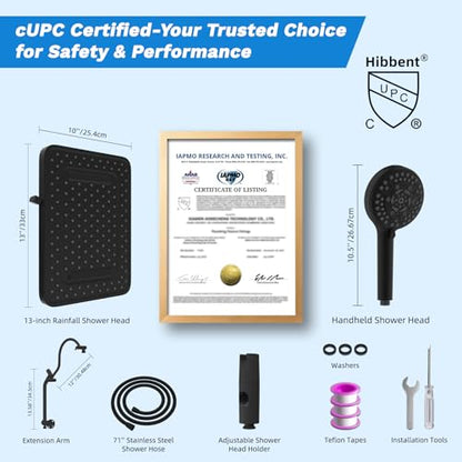 Hibbent cUPC Certified 13'' Shower Head Combo, High Pressure 5 Spray Rainfall Showerhead, 10 Spray Mode Handheld, All Metal Easy Reach 4-way Diverter Arm with Pause Mode, 71'' Hose and Holder, Black - color: Black, style: Square 13"