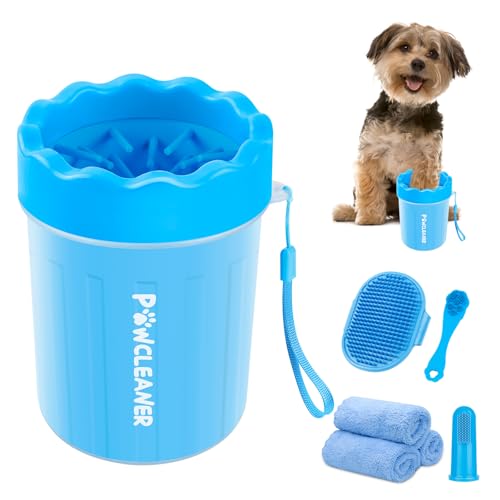 Professional 7 in 1 Dog Paw Cleaner for Dogs & Cats - Includes 1 Portable Paw Washer, 1 Bath Brush, 2 Dog Toothbrushes and 3 Absorbent Towels Note: Fits Paws up to 2 Inches Wide (Small, Blue) - color: Blue, size: Small