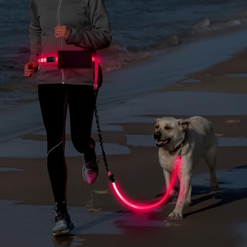 LED Hands Free Dog Leash, Waist Leash for Dog Walking, Retractable Bungee Light Up Dog Leash, LED Handless Dog Running Leash, Reflective Running Leash for Jogging Training Hiking (Pink) - color: Pink