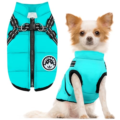 PETCARE Winter Dog Coat with Harness Built in Waterproof Dog Jackets Warm Pet Fleece Vest Windproof Snow Jacket Snowsuit Reflective Dogs Cold Weather Coats for Puppy Small Medium Large Dogs Cats - color: Blue, size: L(Chest 16.5" Suggest 8-11 lbs)