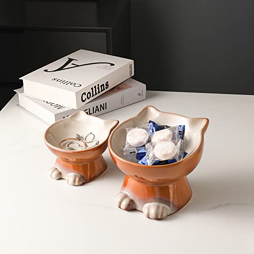 Nihow Elevated Cat Bowls,5 Inch Ceramic Raised Cat Food and Water Bowl Set | Slanted,Whisker Friendly,for Protecting Pet's Spine,Microwave & Dishwasher Safe ,Elegant Brown 4.5 OZ, Set of 2 - color: Brown, size: 4.5 OZ+8 OZ