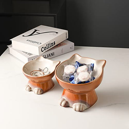Nihow Elevated Cat Bowls,5 Inch Ceramic Raised Cat Food and Water Bowl Set | Slanted,Whisker Friendly,for Protecting Pet's Spine,Microwave & Dishwasher Safe ,Elegant Brown 4.5 OZ, Set of 2 - color: Brown, size: 4.5 OZ+8 OZ