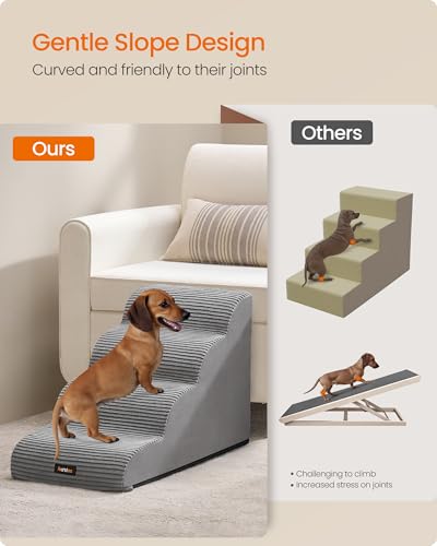 Feandrea 4-Step Dog Stairs, Dog Steps for Bed, Sofa, Waterproof Pet Stairs with Anti-Slip Designs, Gentle Slope, Removable Washable Cover, Handle, Dove Gray UPPS004G01 - size: 4-Step