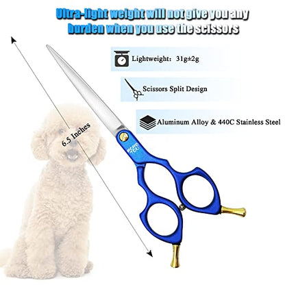 6.5'' Small Blue Straight Dog Grooming Scissors Professional Trimming Shears with Ultra-Lightweight Offset Handle 440C Stainless Steel Pet Scissors for Face and Paws - color: Blue Straight