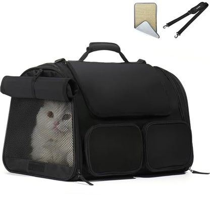 FUKUMARU Cat Carrier, 4 Mesh Windows Small Dog Carrier, 4 Storage Pockets Cat Travel Bag, Under 15 lb Airline Approved Pet Carrier, Rollable Cover for Nervous Cats, Black - color: Black