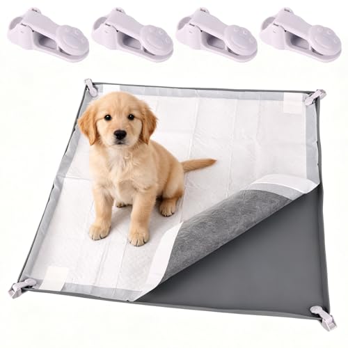 Penitue Silicone Dog Pee Pad Holder Fits Up to 24x24 Inch Pee Pads, Leak-Proof Raised Edges Puppy Potty Tray with 4 Fixing Clips Square Non-Slip Dog Pet Potty Training Mat for Floor Protection (Grey)