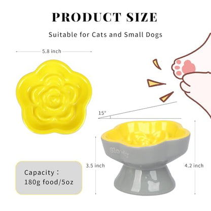 S&Q's CERAMICS Raised Slow Feeder Cat Bowl, Ceramic Elevated Food Bowl Small Dogs Slow Feeder, Flower Shaped Cute Pet Dish for Dry and Wet Food (Yellow, 5.8") - color: Yellow
