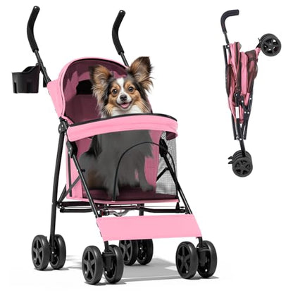 Magshion Compact Pet Stroller for Small-Medium Dogs/Cats up to 22lbs, 4-Wheel Lightweight Umbrella Shaped Portable Puppy Travel Jogger with Breathable Mesh, Cup Holder & Rear Storage, Pink - color: Pink, style: Up to 22 lbs