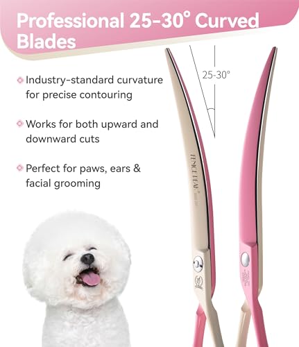 Curved Dog Grooming Scissors with Coating 440C Stainless Steel, 7 inch Professional Curved Shears Dog Grooming，25 Degree of Curved Blade，Pet Shears for Trimming Face and Paws, Pink & White - color: Pink&white