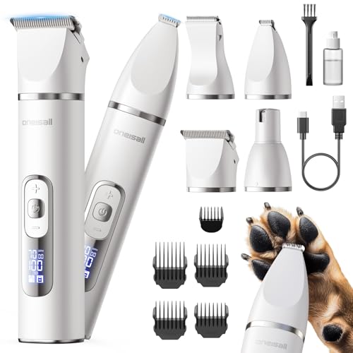 oneisall 4 in 1 Dog Grooming Kit with LCD Display, Dog Hair Trimmer for Paw Nail Grinder, Rechargeable Cordless Low Noise IPX7 Waterproof Pet Clippers (White) - color: White