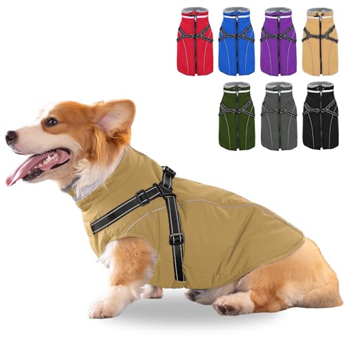 Fragralley Dog Coat with Harness Built in, Waterproof Windproof Reflective Warm Puffer Jacket, Fleece Lined Vest Winter Parka for Small, Medium, Large Dogs - color: Khaki, size: Large