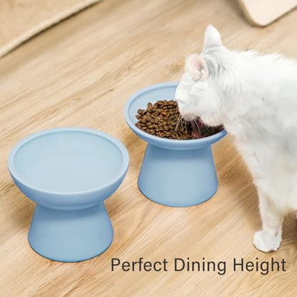 CEEFU 2 Elevated Ceramic Cat Bowls Extra Wide for Food & Water – Whisker Fatigue Shallow Food Dish, Lead & Cadmium-Free, Raised Height for Cats, Blue - color: Baby Blue