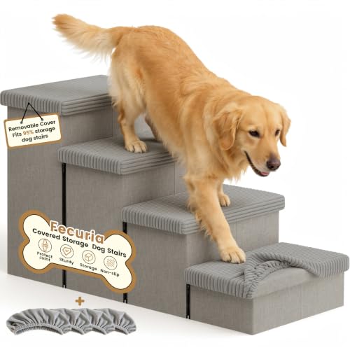 4-Step Wide Dog Stairs 23" H with Removable Cover, Non-Slip Storage Pet Steps for High Bed Couch, Pet Stairs for Small/Medium/Large Old Dogs Puppy Up to 260lbs, Cat Dog Steps for Car, Grey - color: Light Grey, size: 4-Steps Storage with Cover (40"D x 17"W