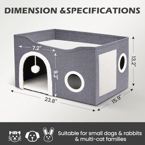 Heeyoo Cat House for Indoor Cats - Large Cat Bed Cave with Fluffy Ball and Scratch Pad, Foldable Cats Houses & Condos, Cat Hideaway, Covered Kitty Bed for Multi Small Large Kitty, 23.8x15.9x13.2 Inch - style: Without heat pad
