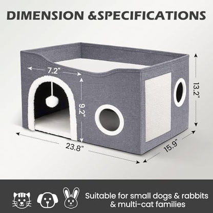 Heeyoo Cat House for Indoor Cats - Large Cat Bed Cave with Fluffy Ball and Scratch Pad, Foldable Cats Houses & Condos, Cat Hideaway, Covered Kitty Bed for Multi Small Large Kitty, 23.8x15.9x13.2 Inch - style: Without heat pad