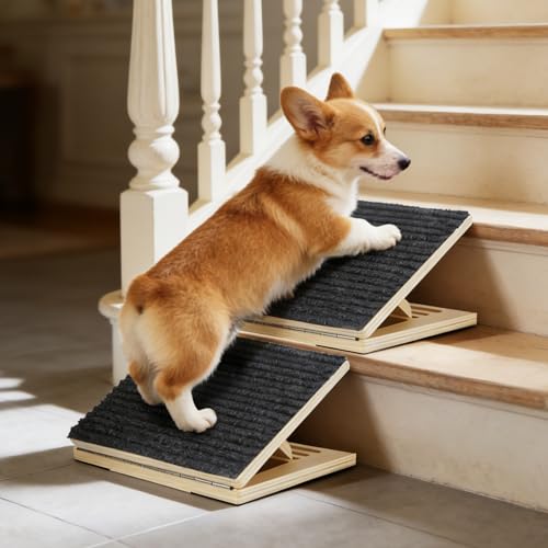 Dog Ramp for Stairs, 2 Pack Wooden Dog Stair Ramps for Small Dogs Only, Foldable Non-Slip Pet Ramp for Indoor Stairs, Adjustable Step Support for Senior, Short-Legged & Small Pets - size: 2 Pack