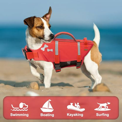 EMUST Dog Life Vests, Adjustable XS Dog Life Jacket with Rescue Handle, Puppy Flotation Vest for Small/Medium/Large Dogs, XS, Red - color: NewRed, size: XS