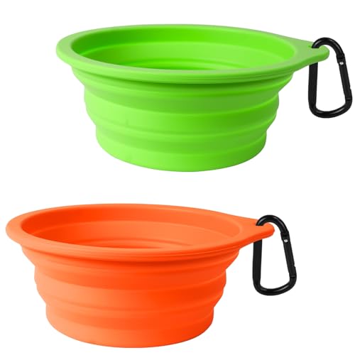 PetBonus 2-Pack Silicone Collapsible Dog Bowls, BPA Free Dishwasher Safe, Portable Foldable Expandable Travel Bowl, Food Water Feeding Cup Dish for Dogs Cats with 2 Carabiners (Green, Orange) - color: Green, Orange, size: 20 Oz