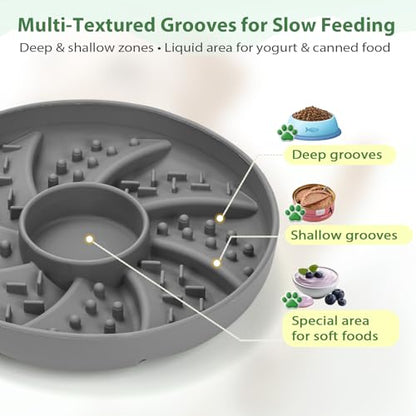 Slow Feeder Dog Bowl Silicone Suction Cup Anti Spill Dogs Cats Grey | strong suction base prevents sliding, extends mealtime, reduces anxiety, textured surface, dishwasher safe - color: Grey
