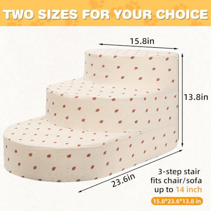 Dog Stairs 3 Steps Foam Pet Ramp for Small Dogs Cats, Strawberry | Non-slip foam stairs with washable cover, ideal for beds & sofas. Sturdy, safe & easy to clean. - color: Strawberry-3-Step