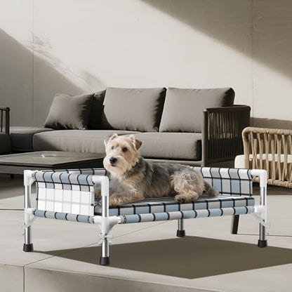 Elevated Raised Outdoor Dog Bed - Cooling Washable Dog Cot with Guardrail, Durable & Breathable Cotton Mesh Pet Hammock Beds with Stainless Steel Pipe Frame for Small Pets (Cushion-(M-)) - size: Cushion-(M-)