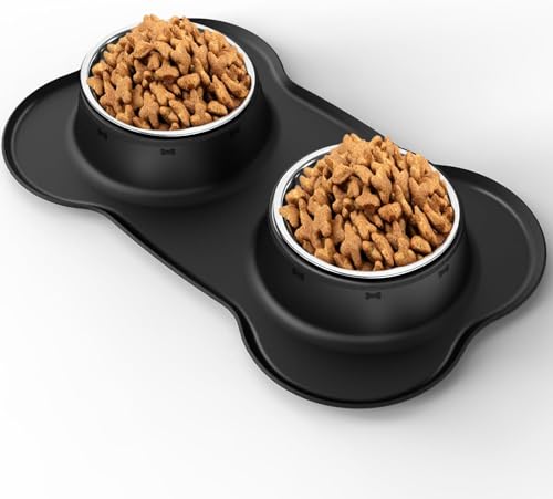 Dog Bowls Stainless Steel Dog Food Water Bowl Set with Stand, Feeding Bowls No Spill Non-Skid Silicone Mat, Dog Dishes for Small Medium Large Size Dog Puppy Pet Food Bowls, Black, 4 Cup - size: Large/38oz each