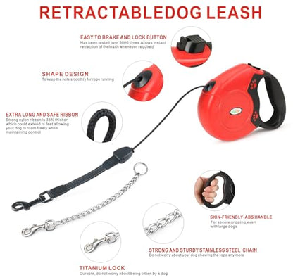 Idepet Heavy Duty Retractable Dog Leash for Small and Medium Dogs, Anti-Chewing Steel Chain Design,360 DegreeTangle-Free,Break and Lock System,26ft Leash Dog Walking (Red, Round Rope) - color: Red