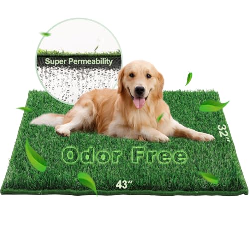 HQ4US 4LEGS Artificial Grass, Dog Pee Grass Pads for Dogs Potty, Odor Free Fake Grass for Dogs X-Large 43”×32” with Countless Drainage Holes, Dog Potty Grass Hemmed Edge Realistic - size: XL for Dog＜ 38" Length