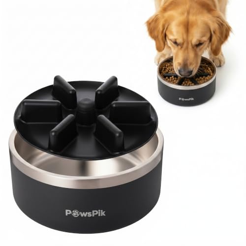PawsPik 64oz 18/8 Stainless Steel Slow Feeder Dog Bowl, Double-Wall Non-Slip Metal Dog Bowl for Fast Eating Medium & Large Breeds, Detachable Slow Feeder Insert, Dishwasher Safe (Eclipse Shadow Black) - color: Eclipse Shadow Black