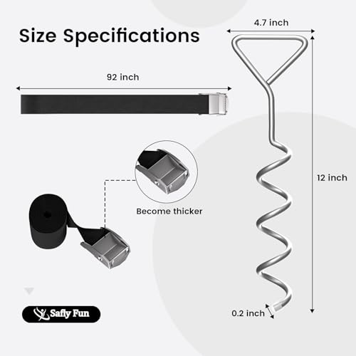 Safly Fun Heavy Duty Trampoline Stakes Anchor Kit, Spiral Ground Anchors with Straps & Installation Tool, Secure for Trampoline, Tent, Canopy, Gazebo, Dog Tie-Out (4-Pack)