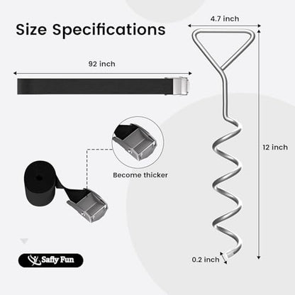 Safly Fun Heavy Duty Trampoline Stakes Anchor Kit, Spiral Ground Anchors with Straps & Installation Tool, Secure for Trampoline, Tent, Canopy, Gazebo, Dog Tie-Out (4-Pack)