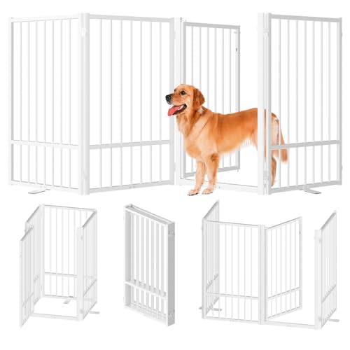 SNUOWU Full Metal Freestanding Dog Gate with Door, 36''Height Foldable Pet Dog Fence for Indoor & Outdoor, 4 Panels Extra Wide Free Standing TallDog Gates for Doorways,House,Stairs,Porch,Deck,Yard - color: White, size: 【4 Panels】80"W*36H"