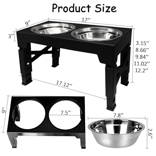Elevated Dog Bowl Stand, Black, Adjustable Height, Double Stainless Steel Bowls,