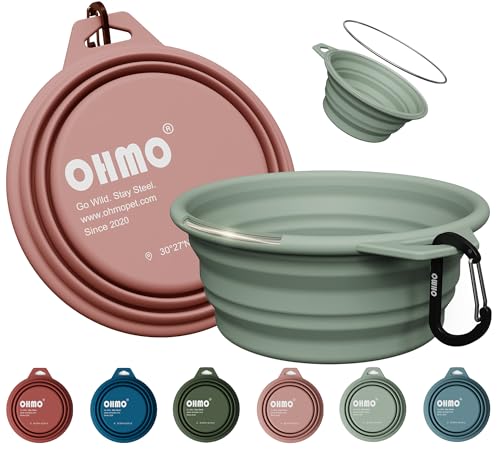 OHMO Collapsible Dog Water Bowls w/Built-in Stainless Steel Ring – 2pcs Large 27oz/800ml Portable Silicone Pet Feeding Bowl for Hiking, Camping, Travel - color: Coral&Sage Green, size: Steel 2x27oz