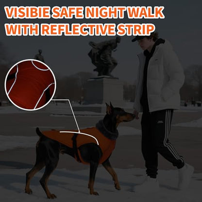 DENTRUN Warm Dog Winter Coat, Easy On Reflective Turtleneck Fleece Jacket | Adjustable buckle, easy on off, windproof & water-repellent, thick fleece snowsuit, outfit fits small to large breeds - color: Orange, size: Medium
