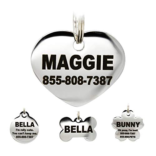 Stainless Steel Pet ID Tags - Engraved Personalized Dog Tags, Cat Tags Front & Back up to 8 Lines of Text – Bone, Round, Heart, Flower, Badge, House, Star, Rectangle, Bow Tie - size: Regular