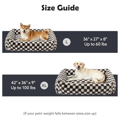 JOEJOY Large Dog Beds Large Sized Dog, Removable Washable Cover Orthopedic Soft Faux Rabbit Fur Pet Bed, Anti-Slip Fluffy Plush Faux Rabbit Fur Puppy Bed, 36"x27"x8", Checkered, Brown - color: Brown, size: L (36"x27"x8")