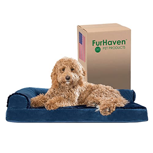 Furhaven Orthopedic Dog Bed for Large/Medium Dogs w/ Removable Bolsters & Washable Cover, For Dogs Up to 55 lbs - Plush & Velvet L Shaped Chaise - Deep Sapphire, Large - color: Deep Sapphire, size: Large