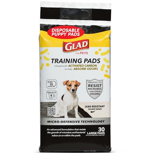 Glad for Pets Activated Carbon Dog Training Pads with Anti-Microbial Technology, Odor Eliminator Pee Mats for Dogs, 6-Layer Leak-Proof Heavy Duty Indoor Puppy Potty Pads, 23 x 23 Inches, 30 Count - size: 30 Count (Pack of 1)