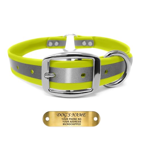 Regal Dog Products Medium Yellow Reflective Dog Collar with Custom Engraved Name Plate and Heavy Duty Center Ring | Waterproof Biothane Personalized Dog Collars - Other Sizes for Small & Large Dogs - color: Yellow, size: Medium