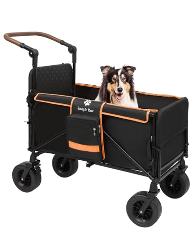 Snagle Paw Dog Wagon for Medium Large Dogs up to 120lbs | All Terrain Foldable Large Pet Stroller with Ramp & Tailgate (Extra Space), Dog Wagon Cart Adjustable Handle & One-Step Brake - color: orange