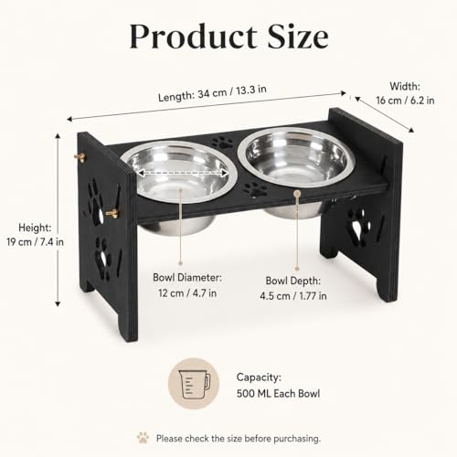 Elevated Cat Bowls, Adjustable Raised Pet Bowls with 2 Stainless Steel Bowls, Wooden Feeding Stand for Cats and Small Dogs, Double Food and Water Feeder, 500 ml Each Bowl, Black