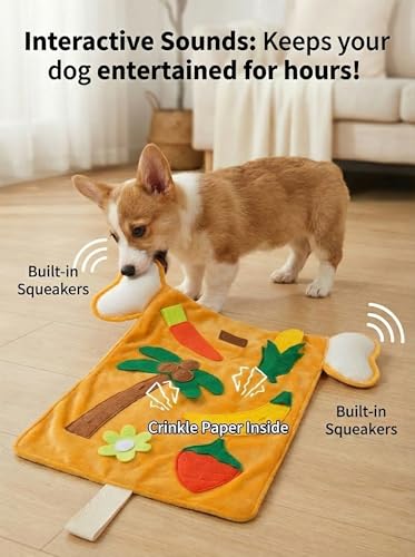 Interactive Dog Snuffle Mat with Squeaker & Crinkle Paper - Fruit Theme Slow Feeder Puzzle Pet Toy for Small Medium Dogs - Nosework Training, Stress Relief & Foraging Instinct (15" x 5")
