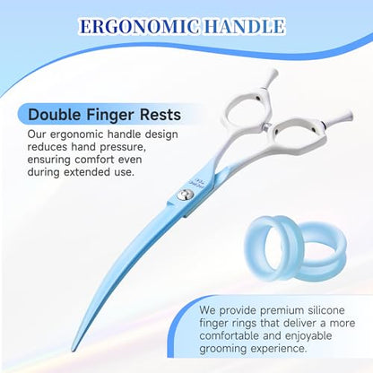 7'' Curved Dog Grooming Scissors Blue to White Gradient | 440C Stainless Steel, Sharp Durable, Professional or Home Use, Ergonomic Handle with 2 Silicone Finger Rings - color: Blue