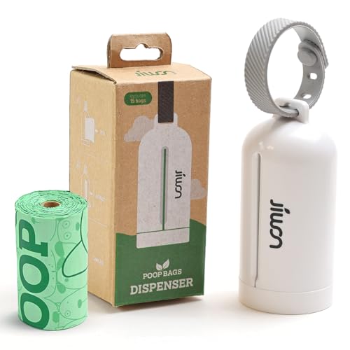 JIWON Dog Poop Bag Dispenser with 100% Compostable Refill Roll, Thick & Leakproof, Plant-Based, Fits Any Leash, 1 Dispenser and 15 Bags (1 Roll), Unscented - style: Dispenser