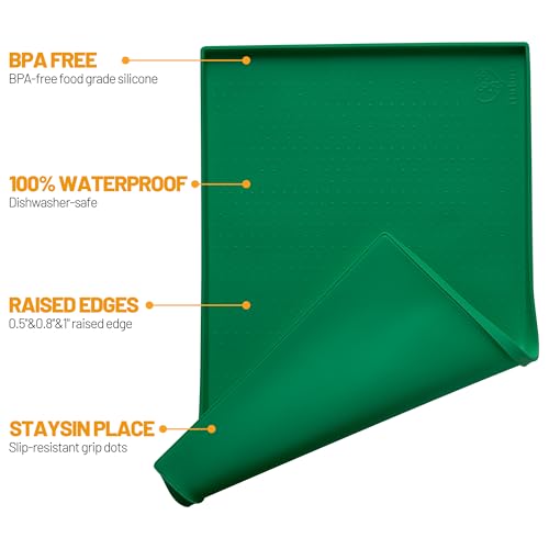 Hubulk Dog Feeding Mat,100% Waterproof Food Grade Silicone Pet Food and Water Bowl Placemat,Dishwasher, High Raised Edge to Prevent Spills,Nonslip Tray to Stop Messes on Floor（28"x18"x0.8",Hunter ） - color: Hunter green, size: 28"l X 18"w
